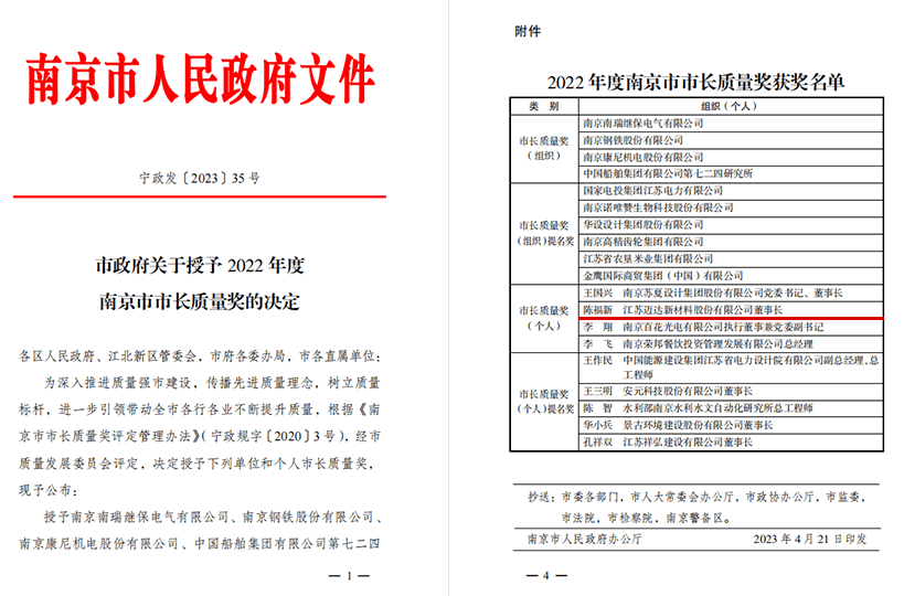 2022年度南京市市长质量奖（个人）